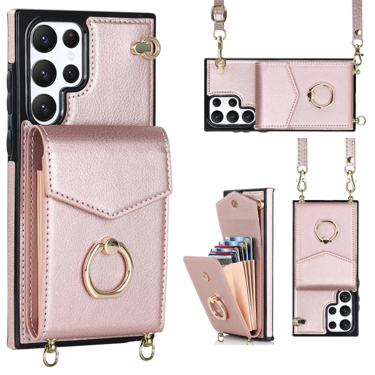 For Samsung Galaxy S22 Ultra 5G Ring Holder RFID Card Slot Phone Case with Long Lanyard