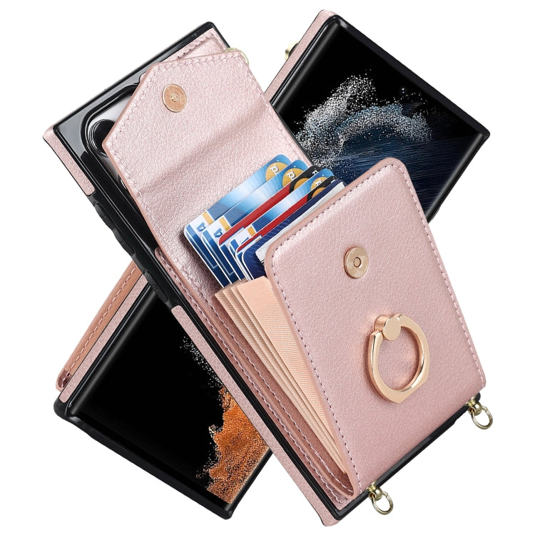 For Samsung Galaxy S22 Ultra 5G Ring Holder RFID Card Slot Phone Case with Long Lanyard