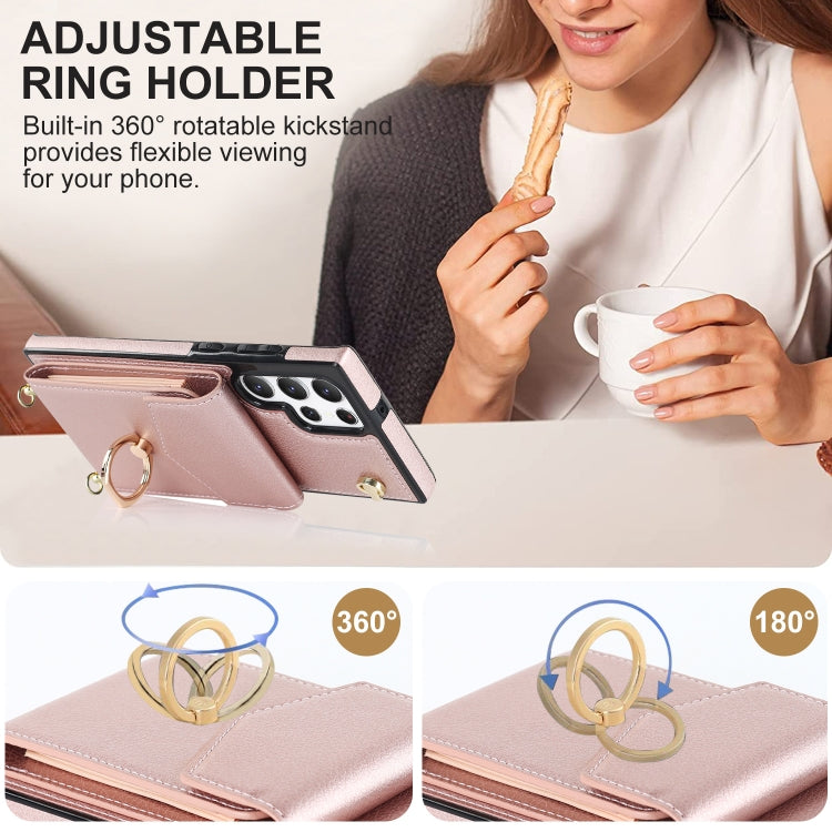For Samsung Galaxy S22 Ultra 5G Ring Holder RFID Card Slot Phone Case with Long Lanyard