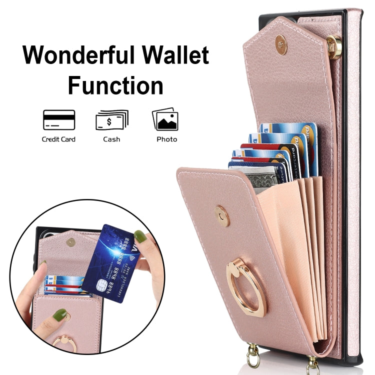 For Samsung Galaxy S22 Ultra 5G Ring Holder RFID Card Slot Phone Case with Long Lanyard