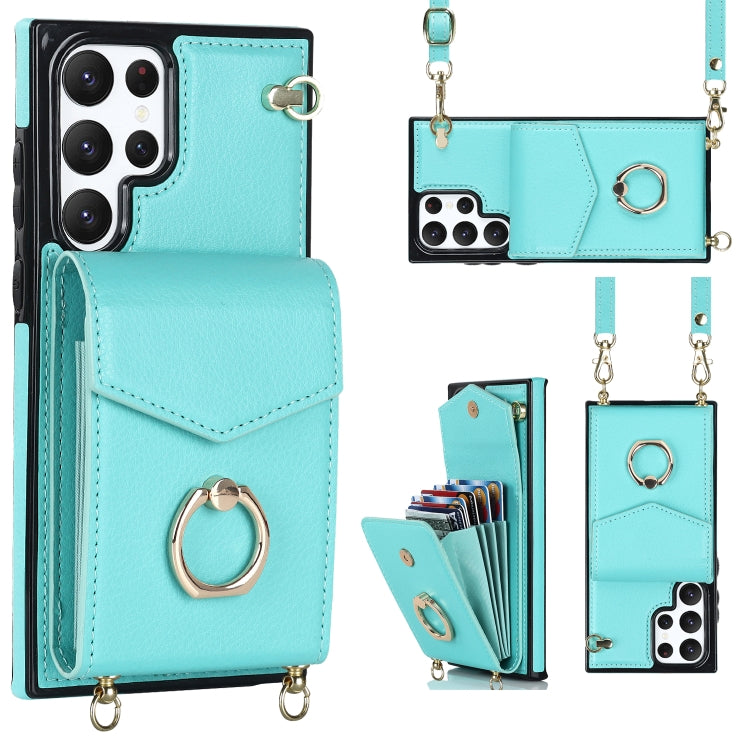 For Samsung Galaxy S22 Ultra 5G Ring Holder RFID Card Slot Phone Case with Long Lanyard