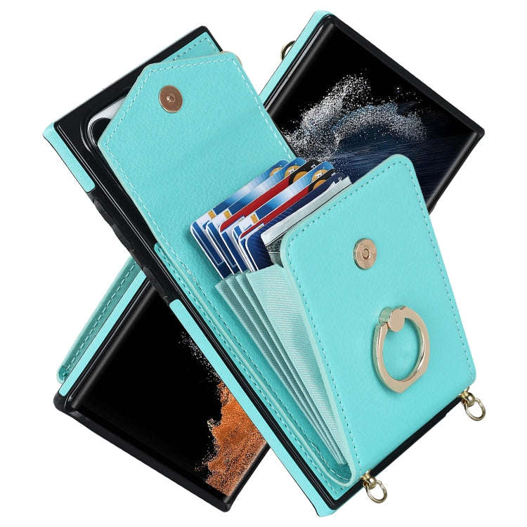 For Samsung Galaxy S22 Ultra 5G Ring Holder RFID Card Slot Phone Case with Long Lanyard