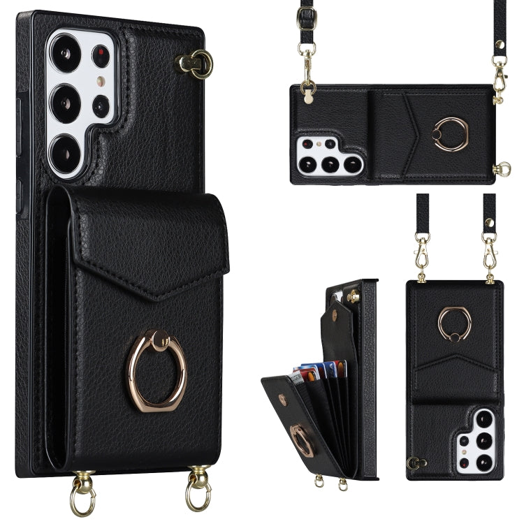 For Samsung Galaxy S23 Ultra 5G Ring Holder RFID Card Slot Phone Case with Long Lanyard
