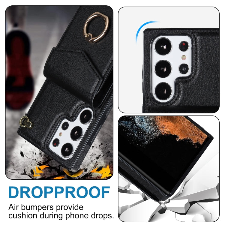 For Samsung Galaxy S23 Ultra 5G Ring Holder RFID Card Slot Phone Case with Long Lanyard