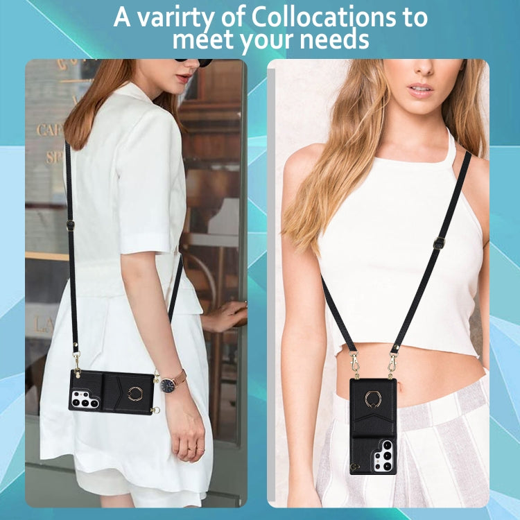 For Samsung Galaxy S23 Ultra 5G Ring Holder RFID Card Slot Phone Case with Long Lanyard