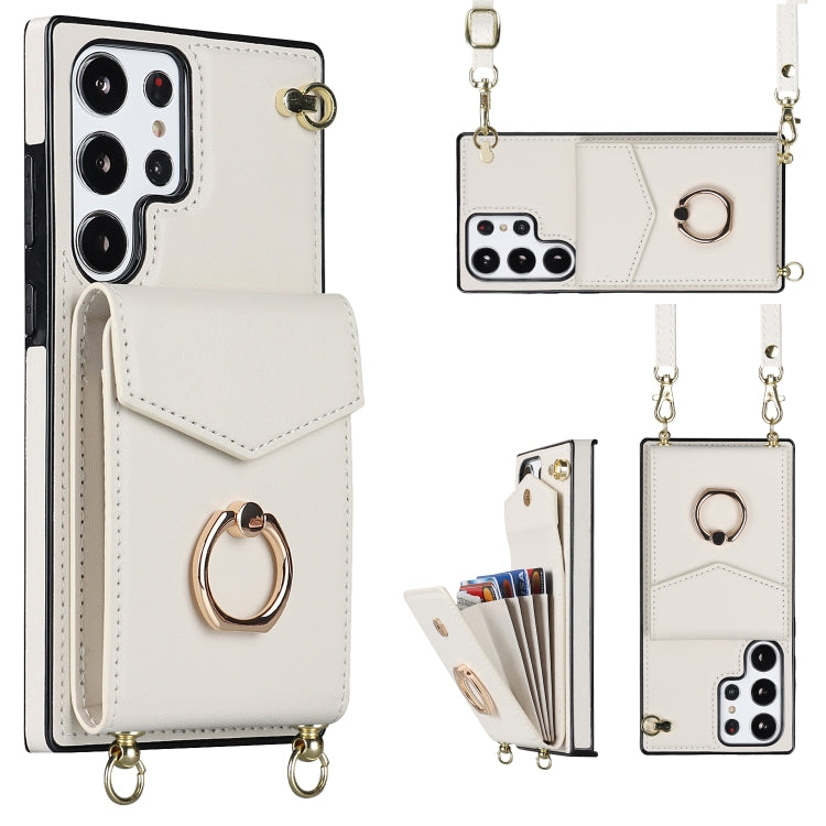 For Samsung Galaxy S23 Ultra 5G Ring Holder RFID Card Slot Phone Case with Long Lanyard
