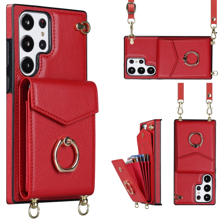 For Samsung Galaxy S23 Ultra 5G Ring Holder RFID Card Slot Phone Case with Long Lanyard