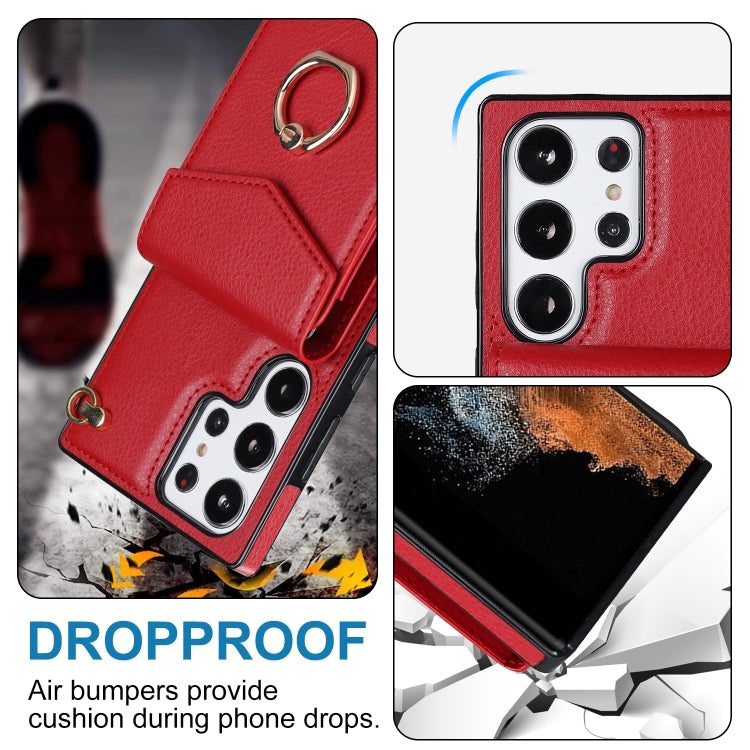 For Samsung Galaxy S23 Ultra 5G Ring Holder RFID Card Slot Phone Case with Long Lanyard