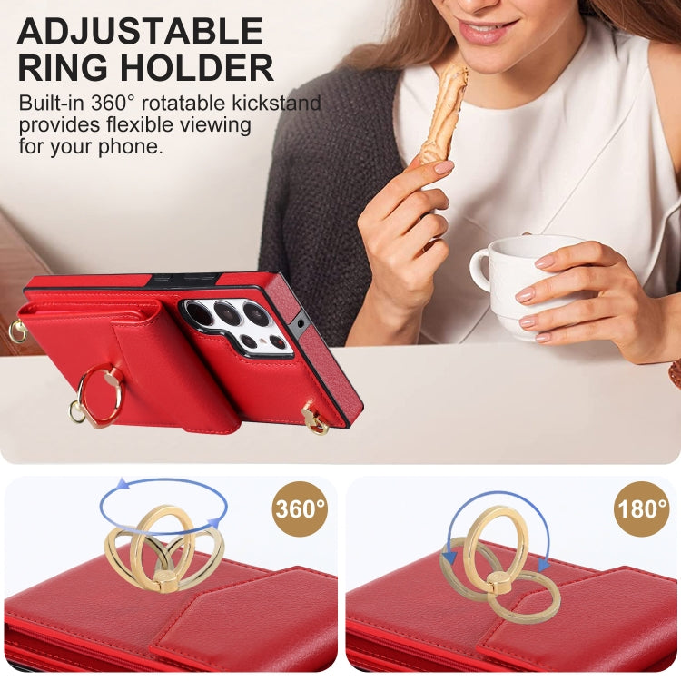 For Samsung Galaxy S23 Ultra 5G Ring Holder RFID Card Slot Phone Case with Long Lanyard