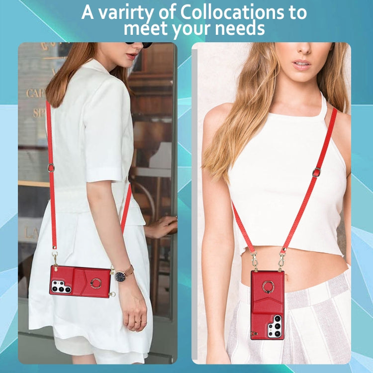 For Samsung Galaxy S23 Ultra 5G Ring Holder RFID Card Slot Phone Case with Long Lanyard