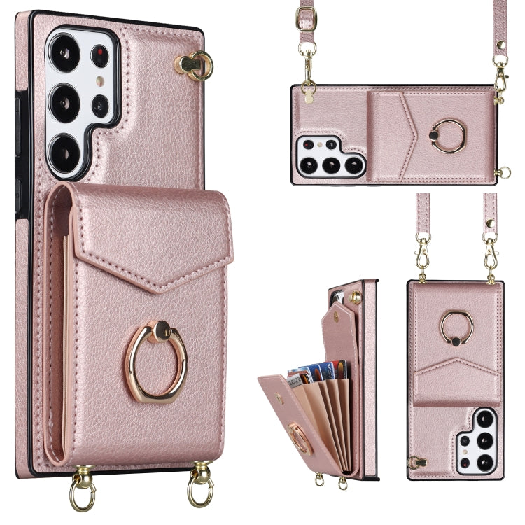 For Samsung Galaxy S23 Ultra 5G Ring Holder RFID Card Slot Phone Case with Long Lanyard