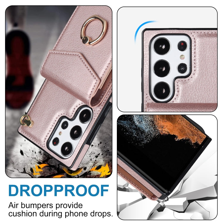For Samsung Galaxy S23 Ultra 5G Ring Holder RFID Card Slot Phone Case with Long Lanyard