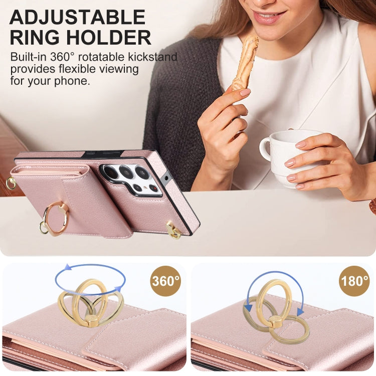 For Samsung Galaxy S23 Ultra 5G Ring Holder RFID Card Slot Phone Case with Long Lanyard