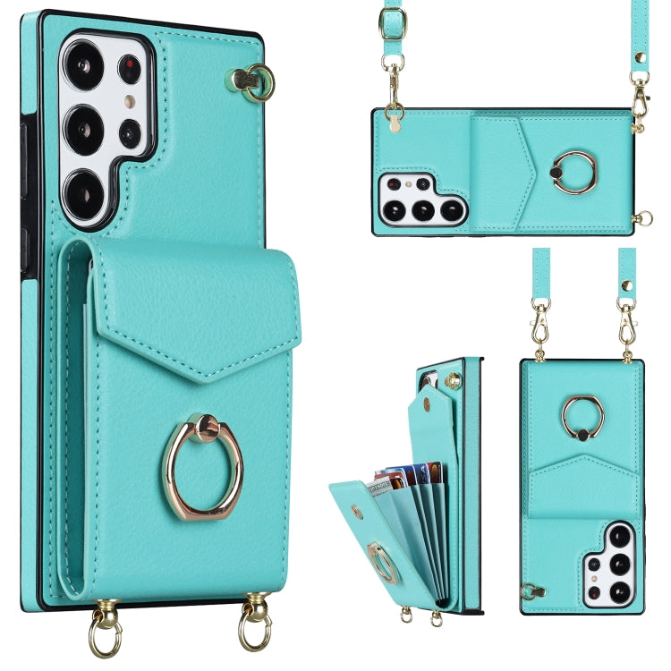 For Samsung Galaxy S23 Ultra 5G Ring Holder RFID Card Slot Phone Case with Long Lanyard