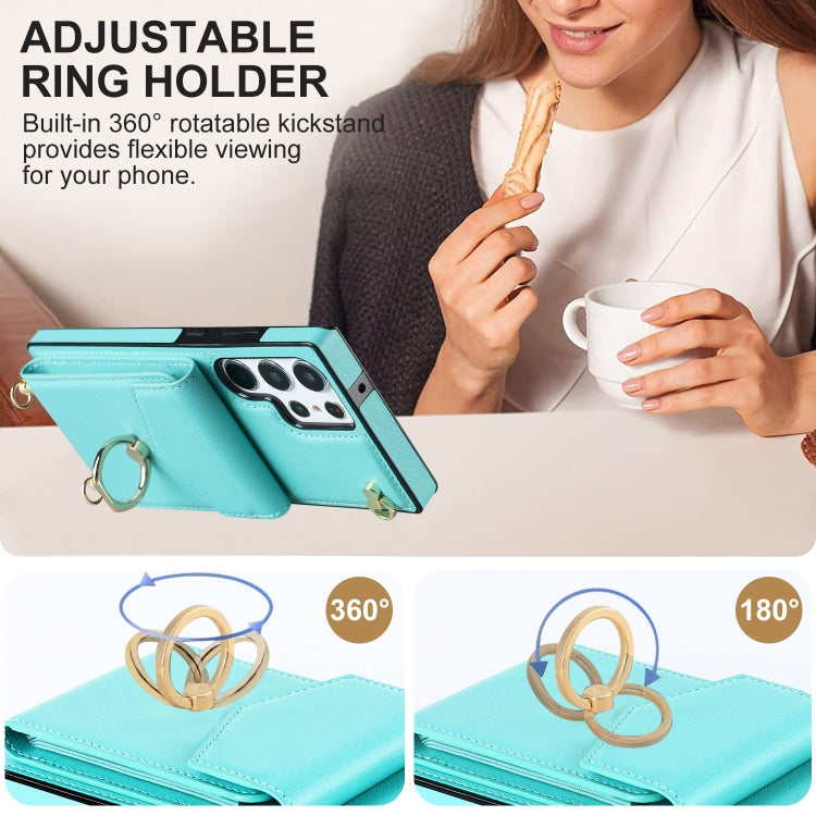 For Samsung Galaxy S23 Ultra 5G Ring Holder RFID Card Slot Phone Case with Long Lanyard
