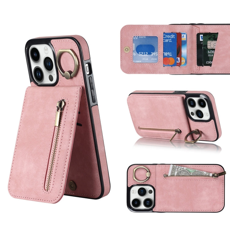 For iPhone 14 Pro Max Retro Ring and Zipper RFID Card Slot Phone Case