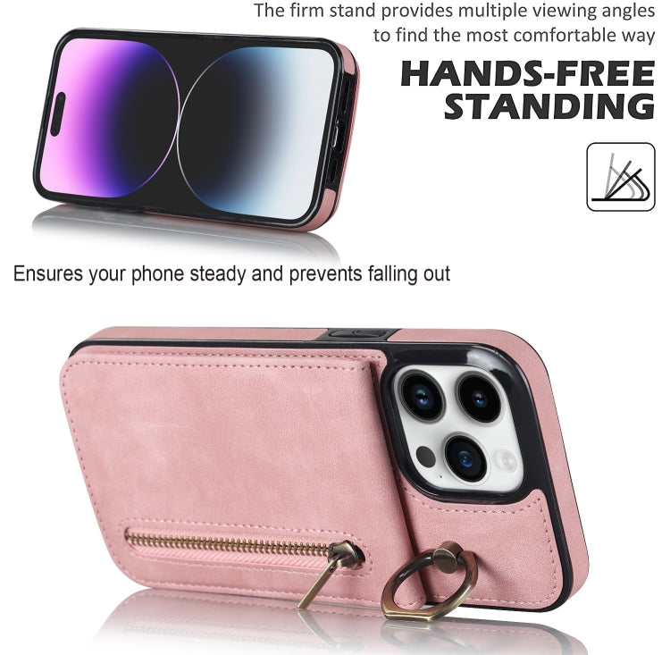 For iPhone 14 Pro Max Retro Ring and Zipper RFID Card Slot Phone Case