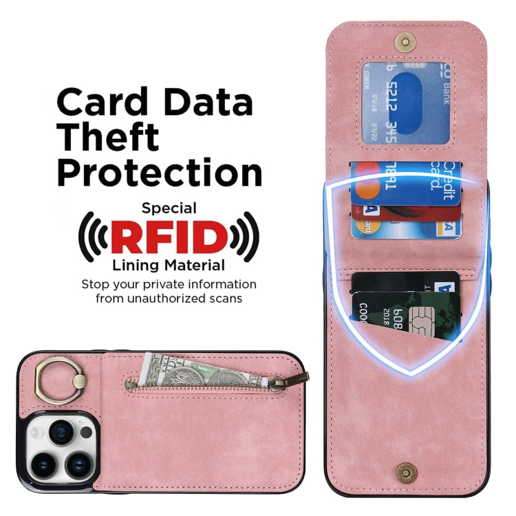 For iPhone 14 Pro Max Retro Ring and Zipper RFID Card Slot Phone Case