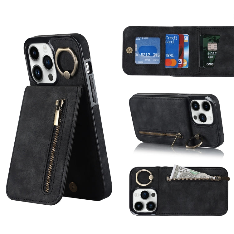 For iPhone 14 Pro Max Retro Ring and Zipper RFID Card Slot Phone Case