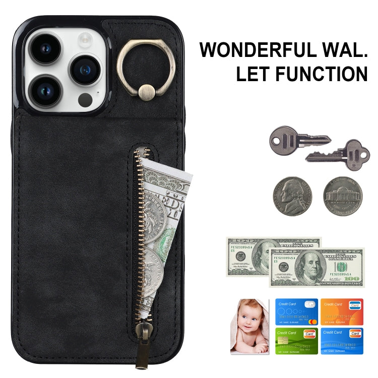 For iPhone 14 Pro Max Retro Ring and Zipper RFID Card Slot Phone Case