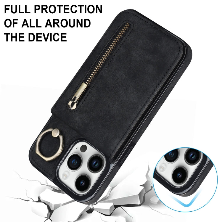 For iPhone 14 Pro Max Retro Ring and Zipper RFID Card Slot Phone Case