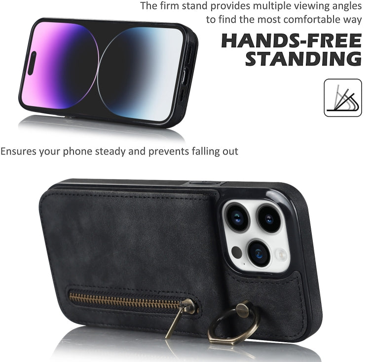 For iPhone 14 Pro Max Retro Ring and Zipper RFID Card Slot Phone Case