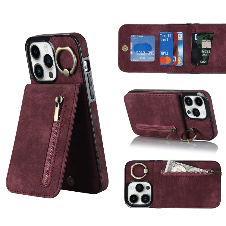 For iPhone 14 Pro Max Retro Ring and Zipper RFID Card Slot Phone Case