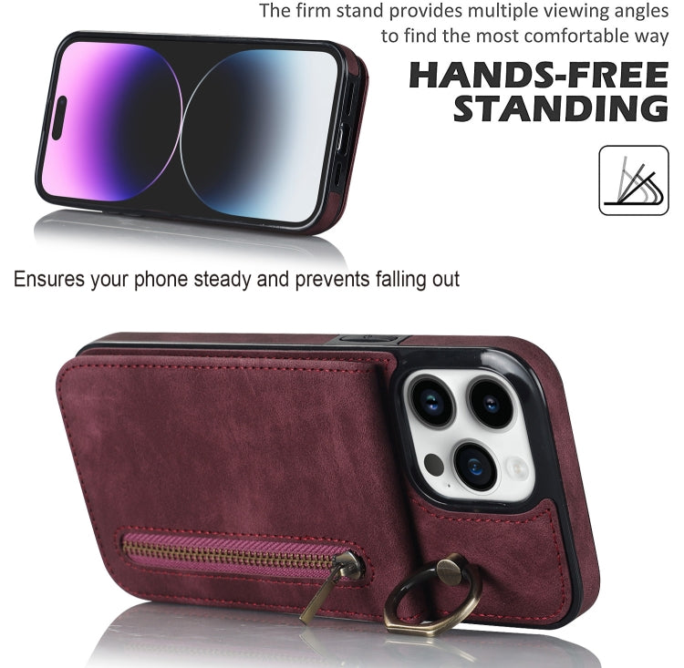 For iPhone 14 Pro Max Retro Ring and Zipper RFID Card Slot Phone Case