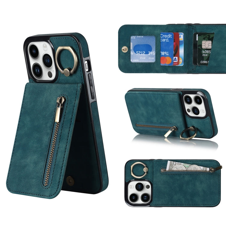 For iPhone 14 Pro Max Retro Ring and Zipper RFID Card Slot Phone Case