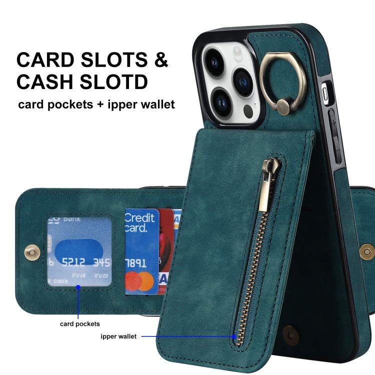 For iPhone 14 Pro Max Retro Ring and Zipper RFID Card Slot Phone Case
