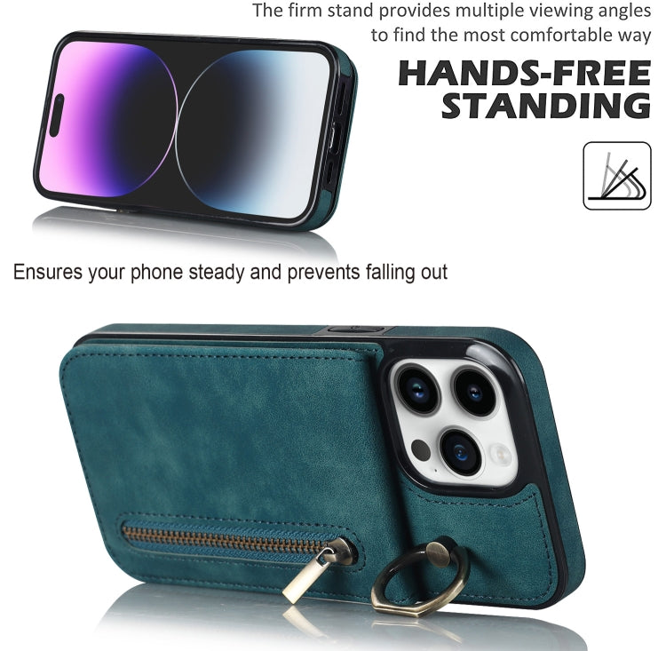 For iPhone 14 Pro Max Retro Ring and Zipper RFID Card Slot Phone Case