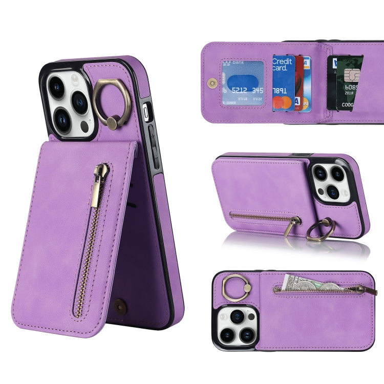 For iPhone 14 Pro Max Retro Ring and Zipper RFID Card Slot Phone Case