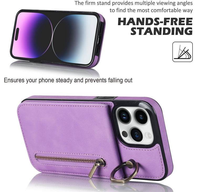 For iPhone 14 Pro Max Retro Ring and Zipper RFID Card Slot Phone Case