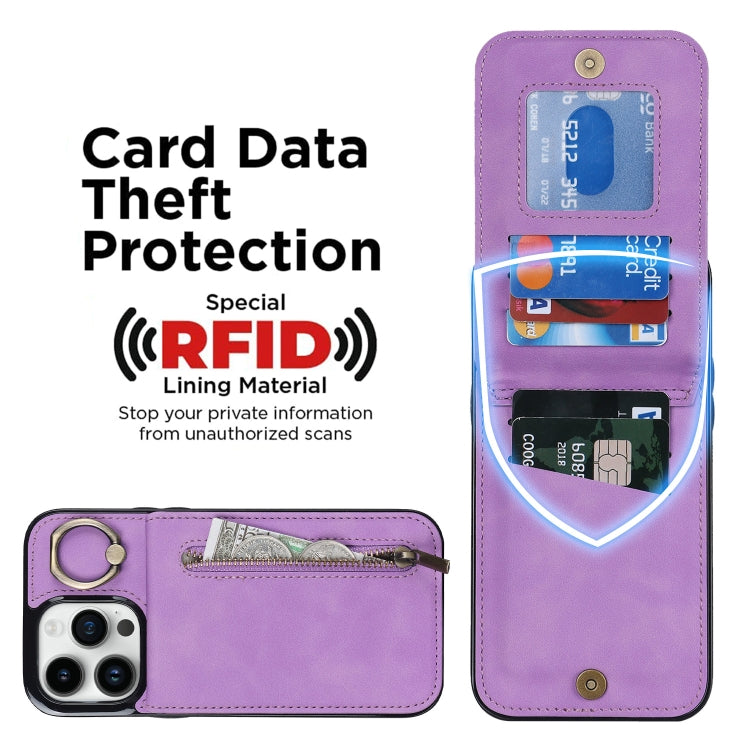 For iPhone 14 Pro Max Retro Ring and Zipper RFID Card Slot Phone Case