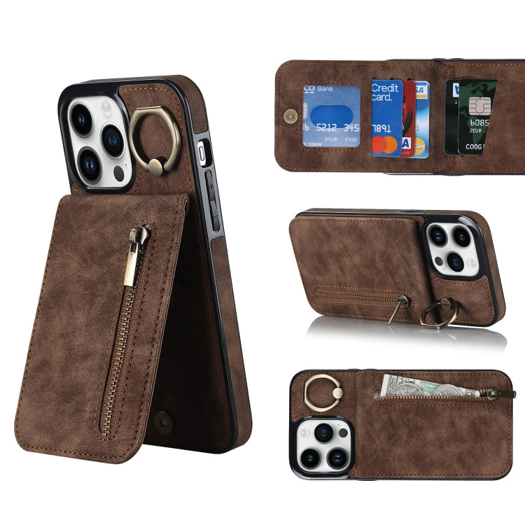 For iPhone 14 Pro Max Retro Ring and Zipper RFID Card Slot Phone Case