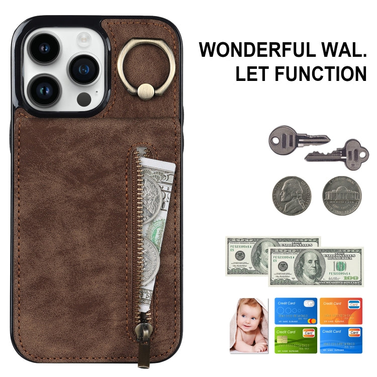 For iPhone 14 Pro Max Retro Ring and Zipper RFID Card Slot Phone Case