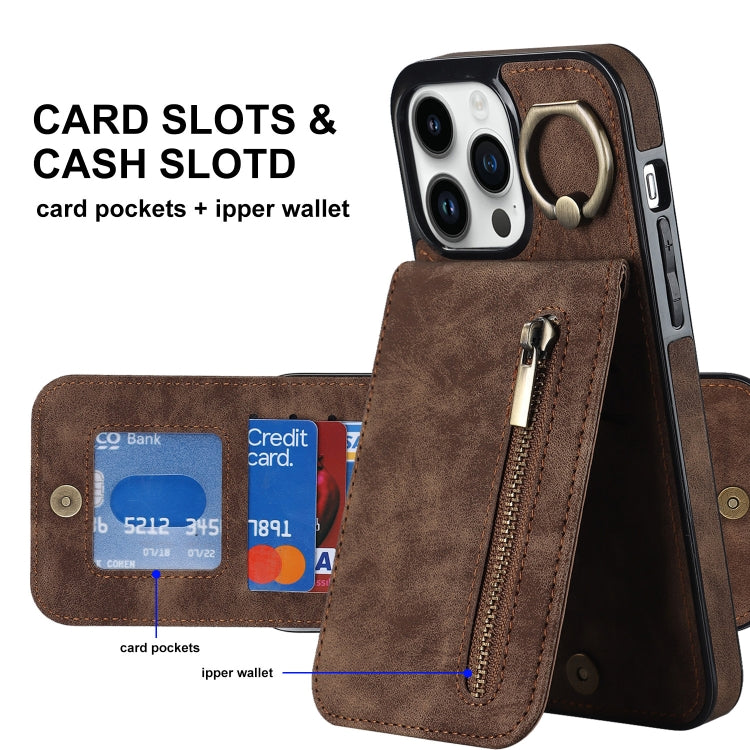 For iPhone 14 Pro Max Retro Ring and Zipper RFID Card Slot Phone Case