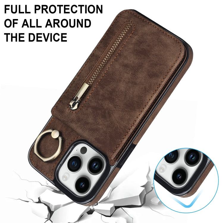 For iPhone 14 Pro Max Retro Ring and Zipper RFID Card Slot Phone Case