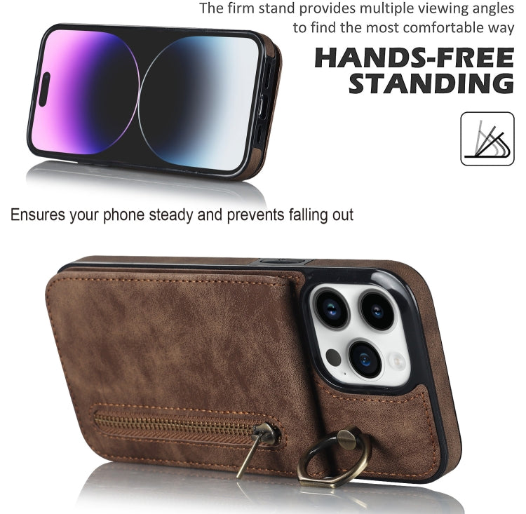 For iPhone 14 Pro Max Retro Ring and Zipper RFID Card Slot Phone Case