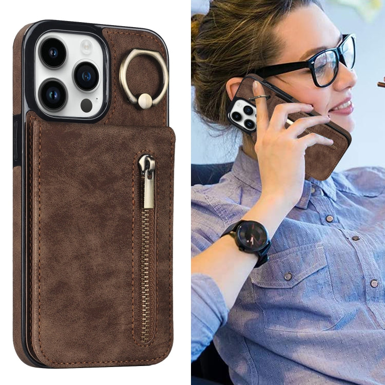 For iPhone 14 Pro Max Retro Ring and Zipper RFID Card Slot Phone Case