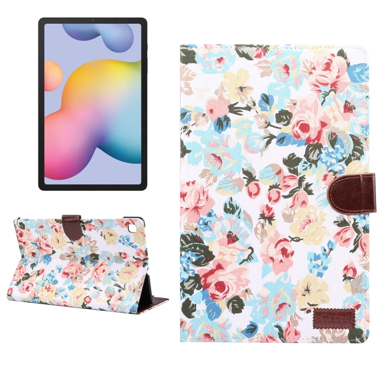 For Galaxy Tab S6 Lite P610 / P615 Flower Pattern Cloth Texture Horizontal Flip Leather Case with Holder & Card Slot & Wallet & Sleep / Wake-up Function(White)