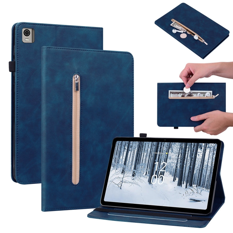 For Nokia T21 Skin Feel Solid Color Zipper Leather Tablet Case