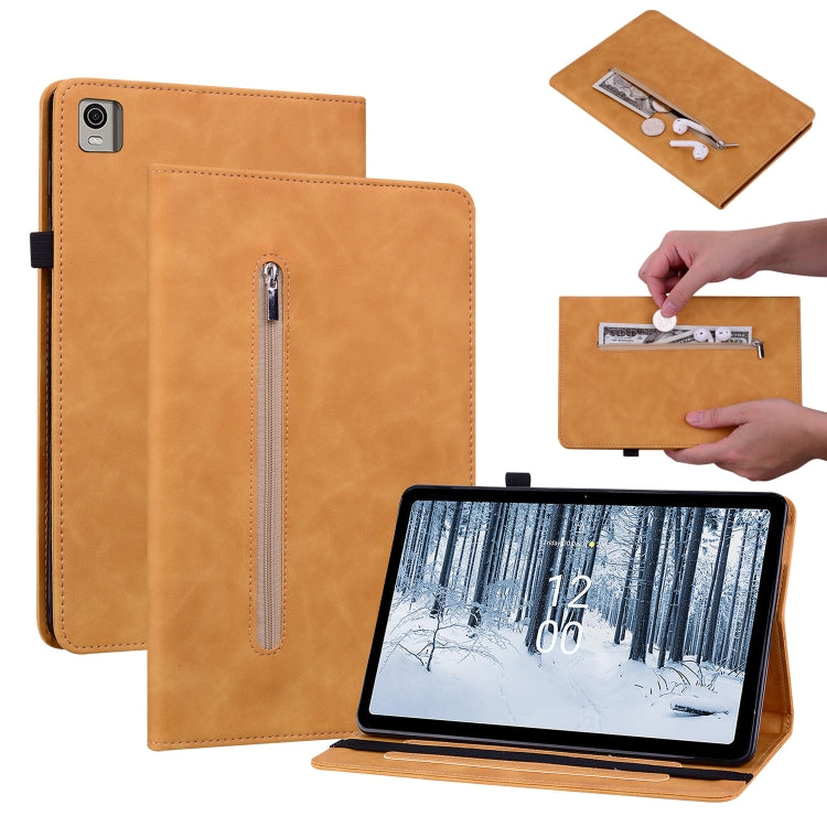 For Nokia T21 Skin Feel Solid Color Zipper Leather Tablet Case