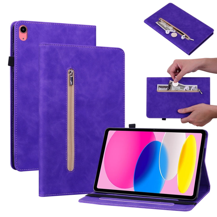 For iPad 10th Gen 10.9 2022 Skin Feel Solid Color Zipper Leather Tablet Case