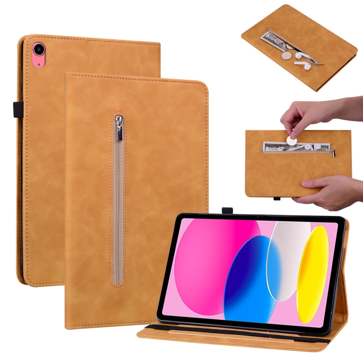 For iPad 10th Gen 10.9 2022 Skin Feel Solid Color Zipper Leather Tablet Case