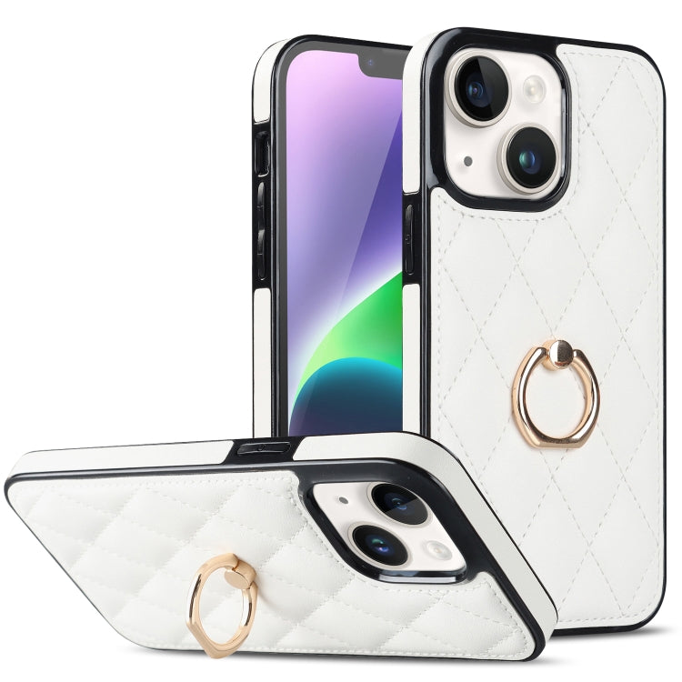 For iPhone 14 Rhombic PU Leather Phone Case with Ring Holder