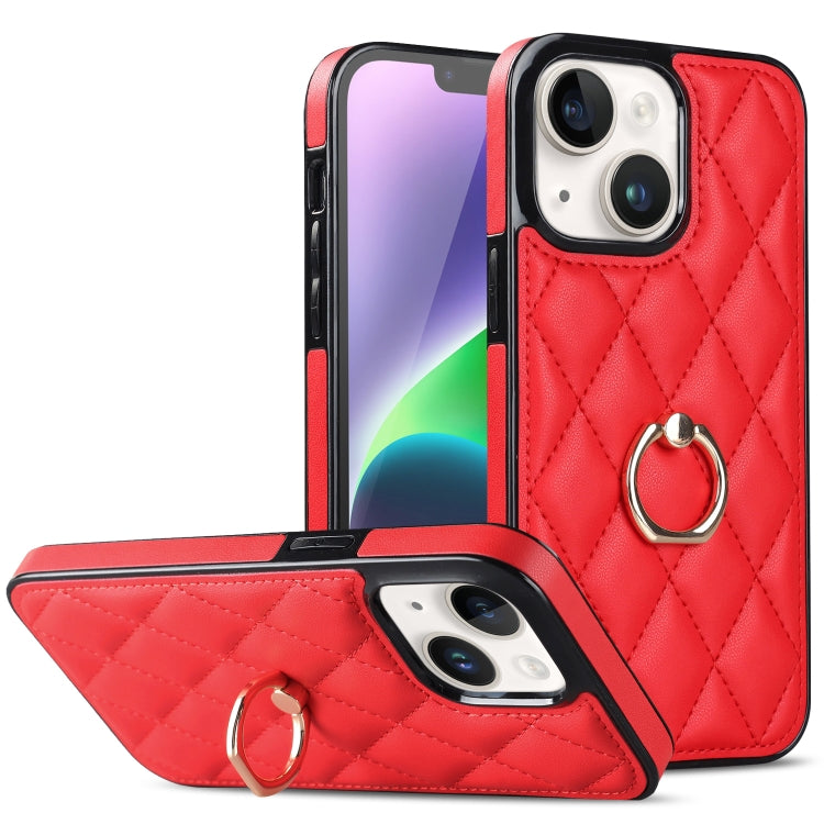 For iPhone 14 Rhombic PU Leather Phone Case with Ring Holder