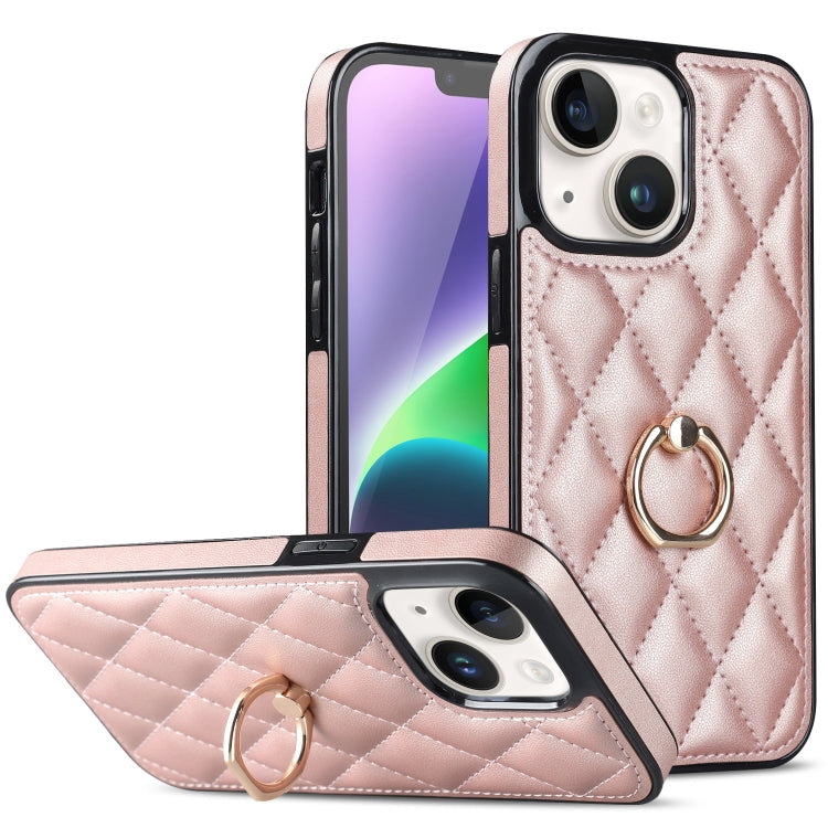 For iPhone 14 Rhombic PU Leather Phone Case with Ring Holder