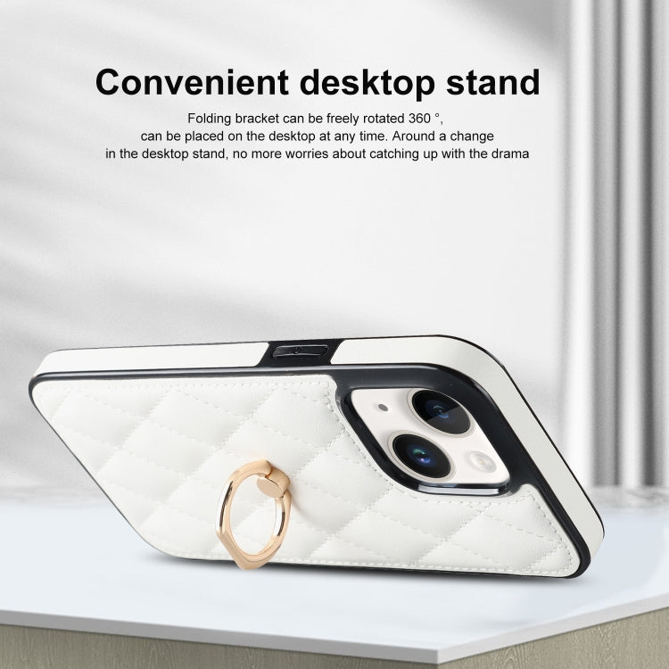 For iPhone 14 Plus Rhombic PU Leather Phone Case with Ring Holder