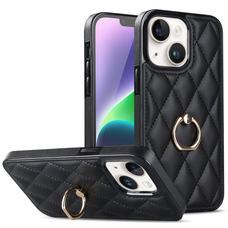 For iPhone 14 Plus Rhombic PU Leather Phone Case with Ring Holder